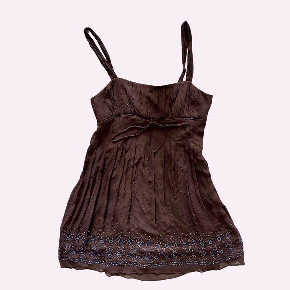 Y2K Vintage BCBG Silk Beaded Brown Babydoll Dress Blue Beads Size Large - Picture 1 of 8